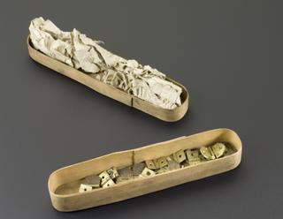 Box, wooden, oval shape, containing hinges