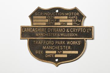 Maker's name plate, Lancashire Dynamo & Crypto
