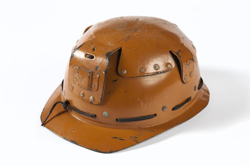 Miner's helmet..Photographed 3/4 view on a white background.