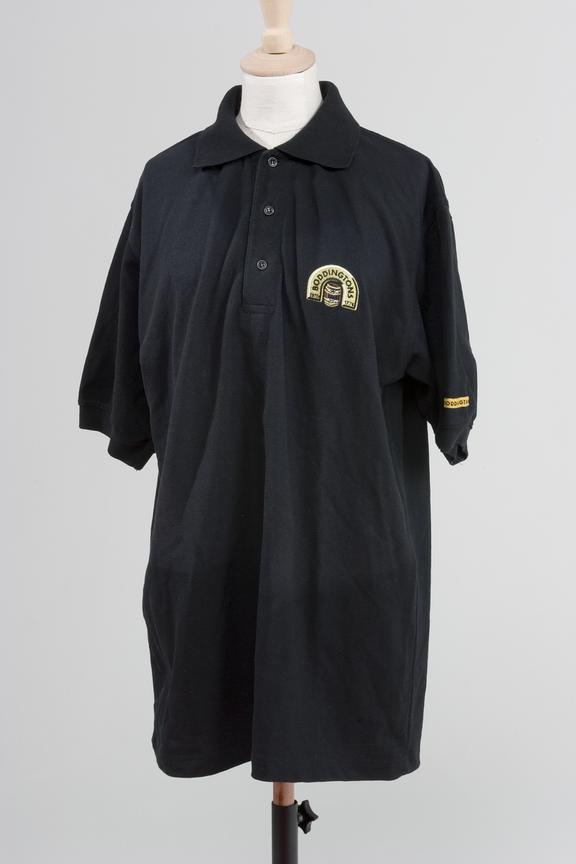 Shirt; black cotton polo shirt with embroidered Boddingtons