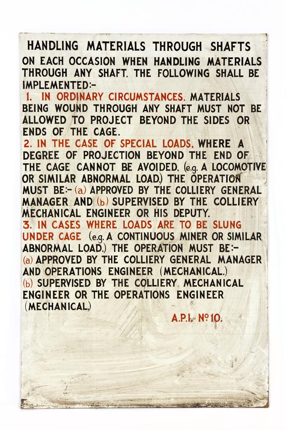 'Handling materials through shafts' sign