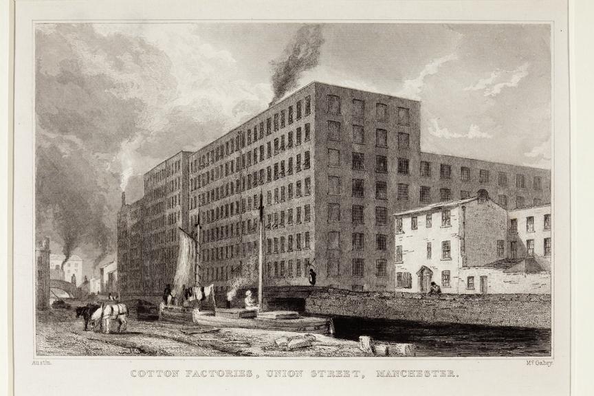 Engraving of Cotton factories, Union street, Manchester