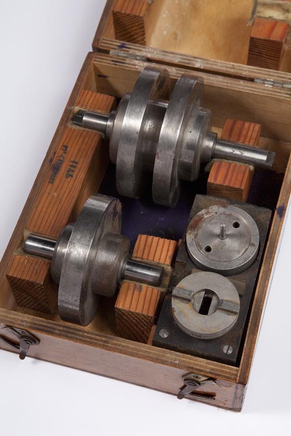 Spinning machinery measuring rollers in a wooden case