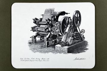 Place mat produced by Mather & Platt bearing an image of an early six-colour textile printing machine