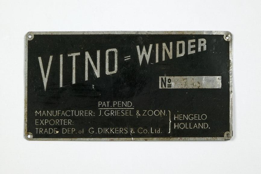 Nameplate for Vitno = Winder made by J