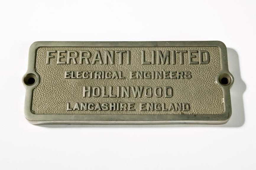 Ferranti Ltd name-plate from switchgear used at Newport Docks