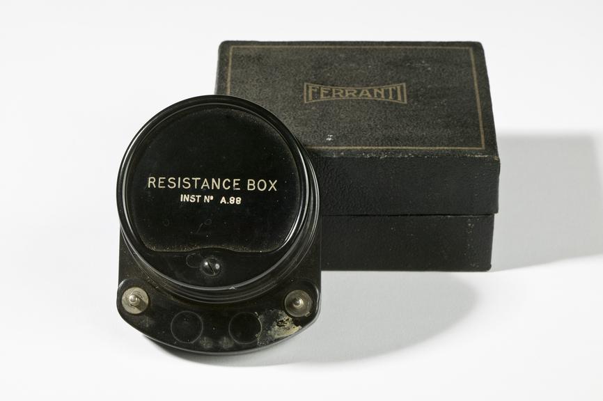 Ferranti Ltd resistance box.
Photographed on a white background.