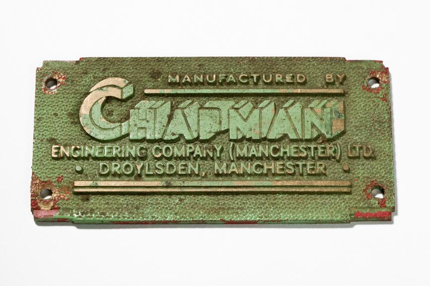 Chapman Engineering Co Ltd nameplate; has traces of green and