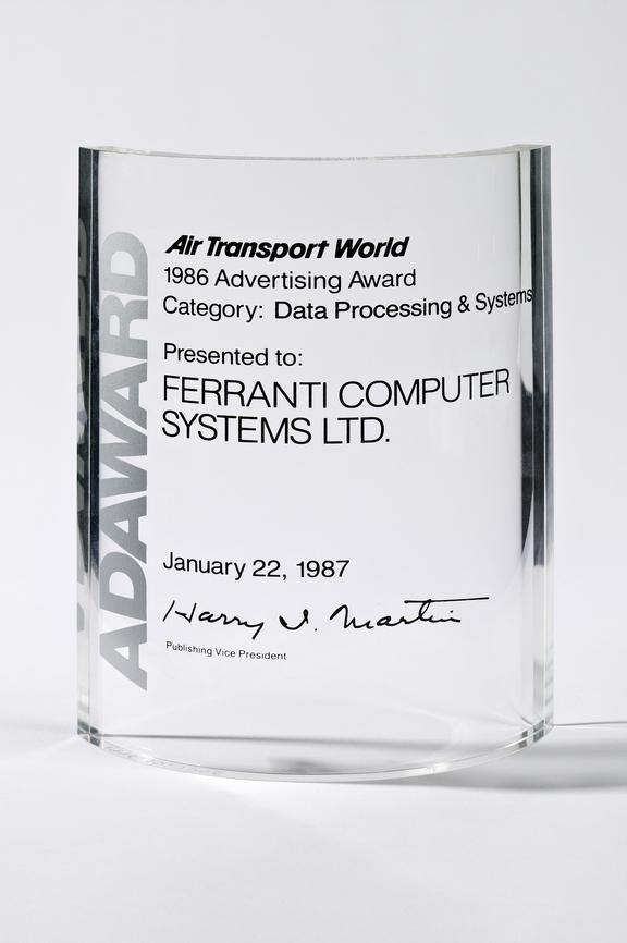 Air Transport World advertising award for data processing and