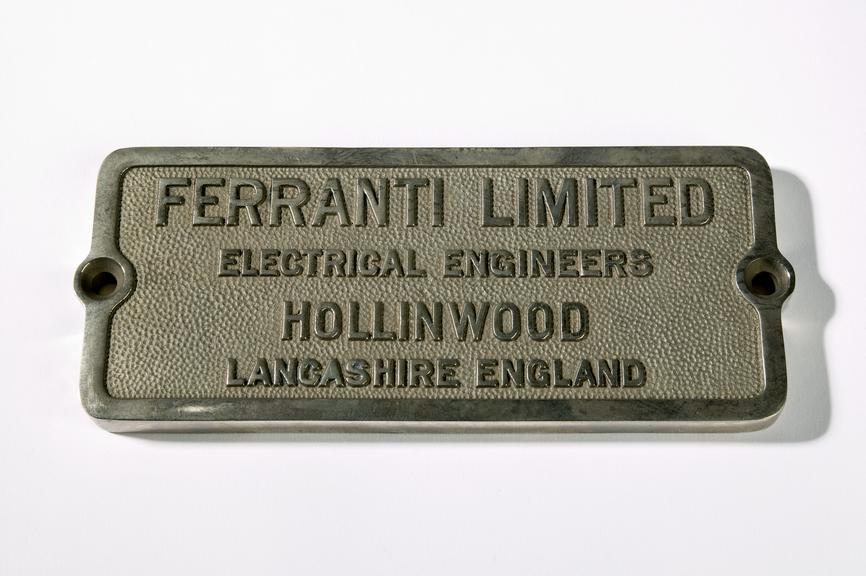 Ferranti Ltd name-plate from switchgear used at Newport Docks