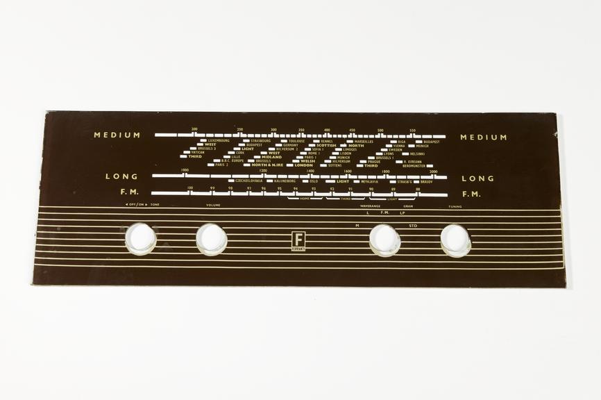 Ferranti Ltd radio receiver facia panel
Photographed on a white