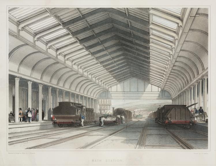 Coloured lithograph showing Bath Station (print)