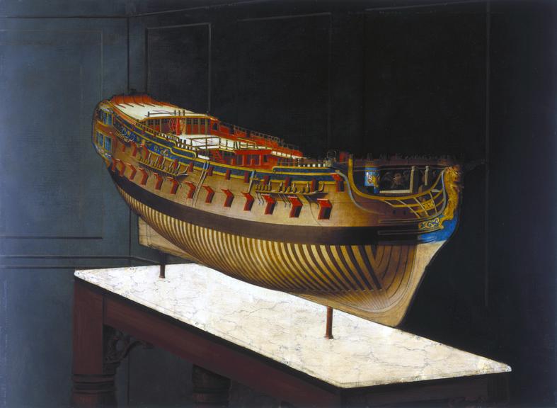 Painting. [Model of HMS Berwick, bow view]. - [1747]