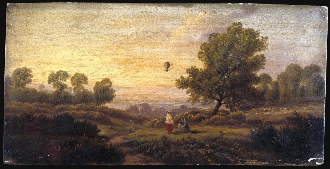 Painting. [Balloon over woodland] / by B. Cook (fl