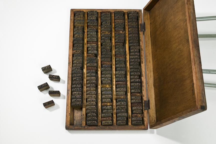 one wooden box, containing 175 (approx) wooden printing blocks