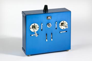 Blue transmitter handset for radio control unit for flying model aeroplanes