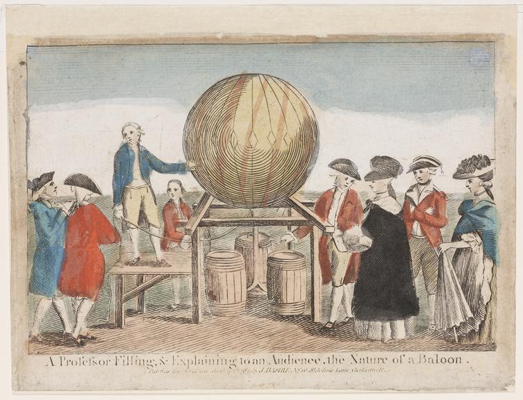 A Professor filling and explaining to an audience the nature of a balloon