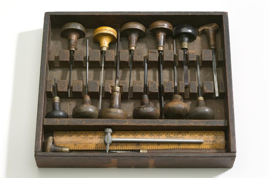 Wooden box containing copper plate engraving tools