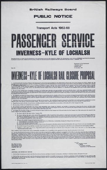 British Railways Board letter-press poster: Transport Acts 1962-68. Passenger Service Inverness - Kyle of Lochalsh