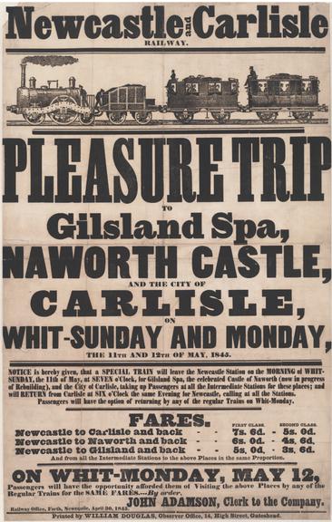 Notice, Newcastle and Carlisle Railway Pleasure Trip.