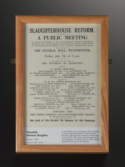 Poster advertising public meeting on slaughterhouse reform at Central Hall (posters)