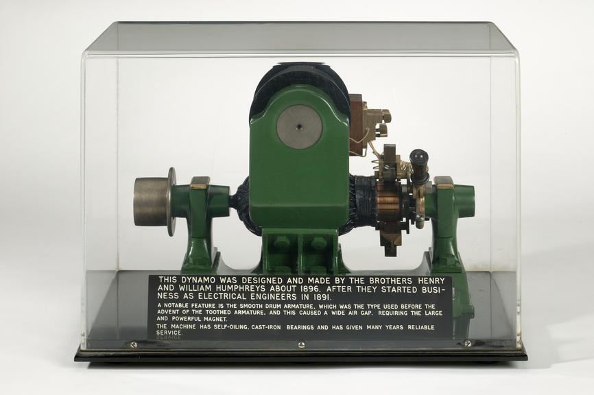 Dynamo in display case, made by J. H Humphreys & Sons Ltd, 1896