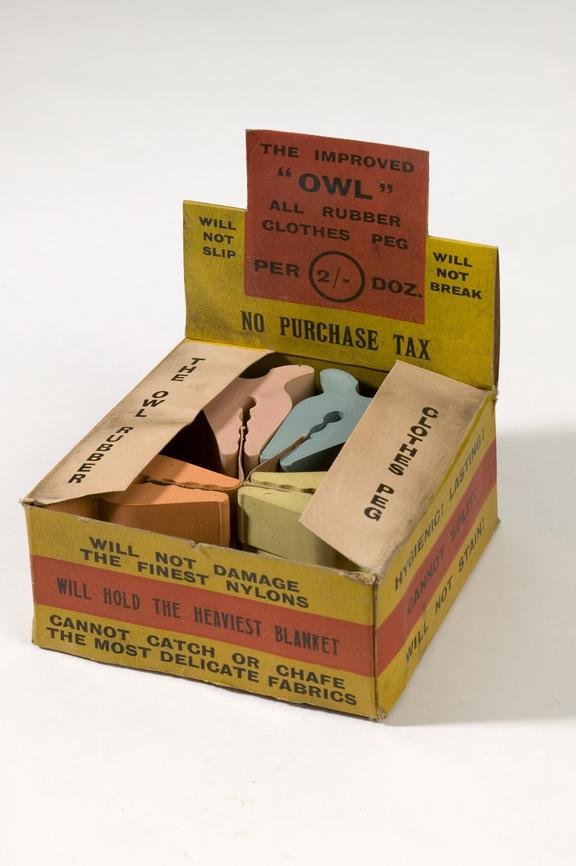 Box of 'Owl' clothes pegs made by Gillibrands Rubber