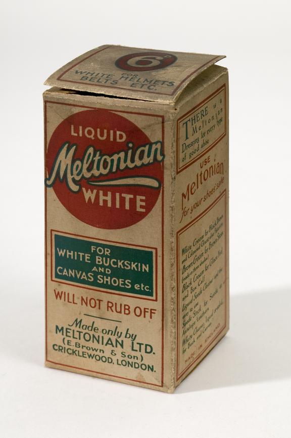 Liquid white shoe polish made by Meltonian Ltd, London