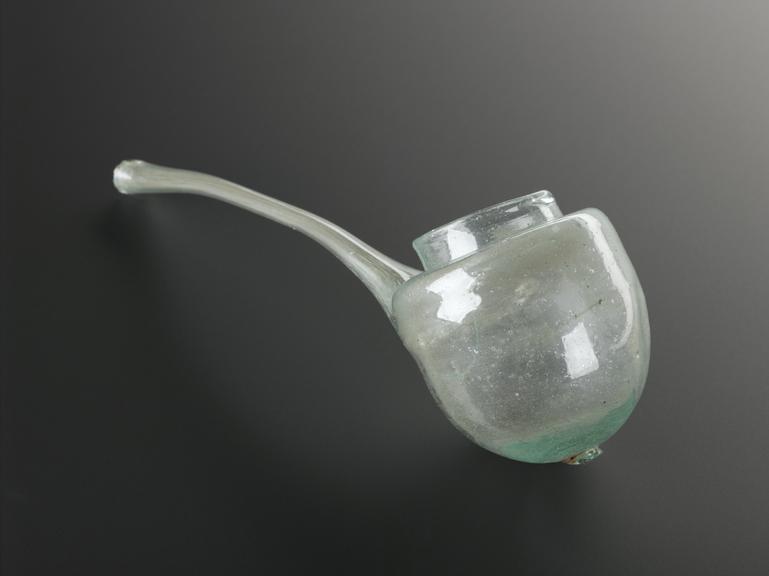 Small green glass alembic, head, domed, with neck and spout