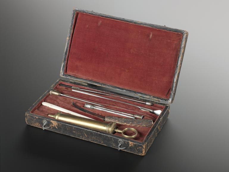 Veterinary instrument set in leather case