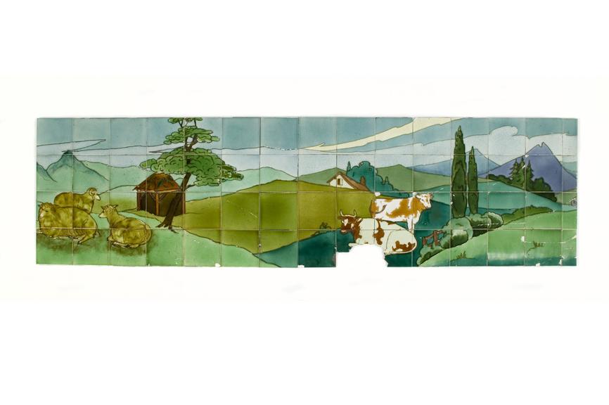 Set of 60 ceramic tiles forming a wall frieze of a countryside