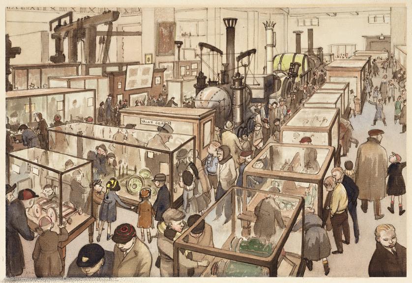 Watercolour drawing of the interior (gallery 4) of the Science