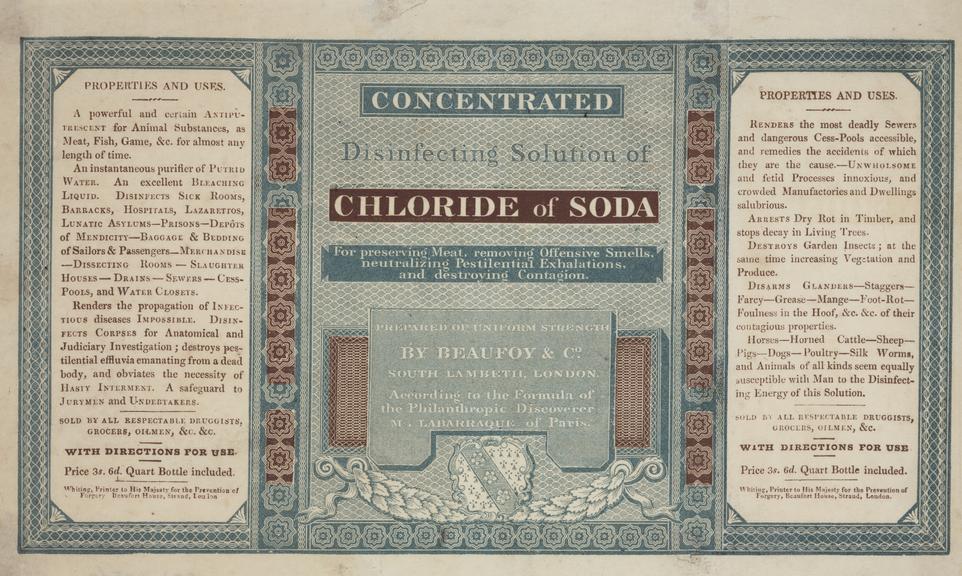 Label for 'Concentrated Disinfecting Solution of Chloride of Soda', London, England, 1822-1829