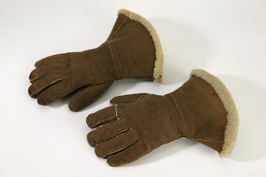 Sheepskin RAF flying gloves.
Photographed on a white background.