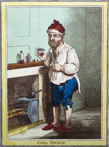 Hand coloured caricature engraving "Taking Physick"/after