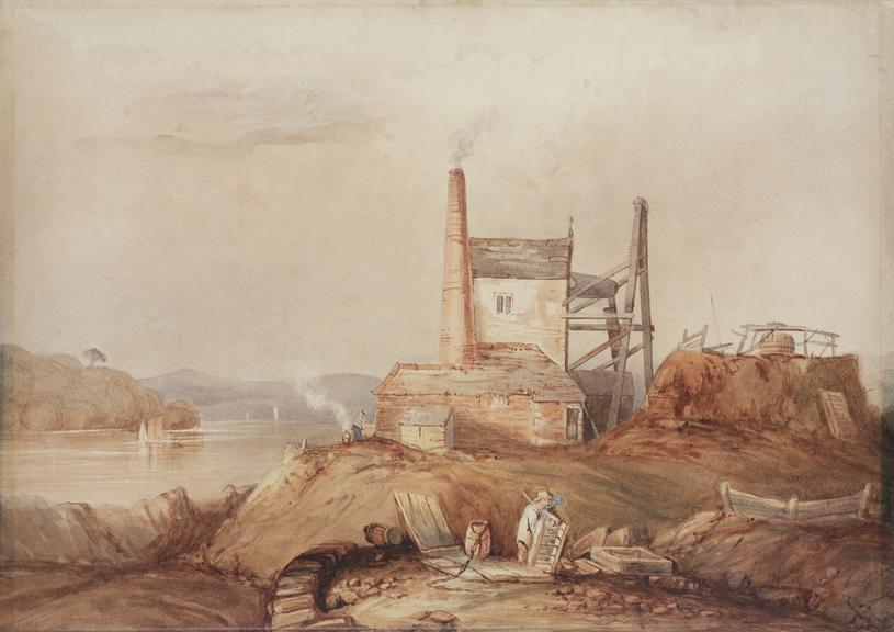 Watercolour signed `S Cook' showing an engine house on river bank