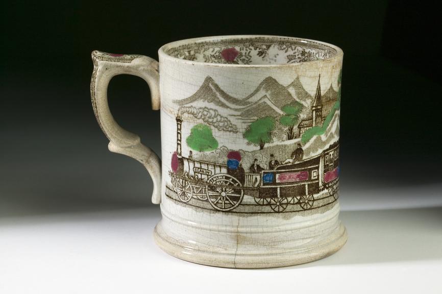 Railway-inspired transfer-printed and hand-coloured mug, c