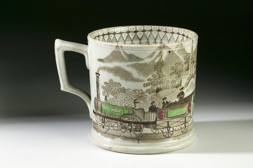 Transfer-printed and hand-coloured mug