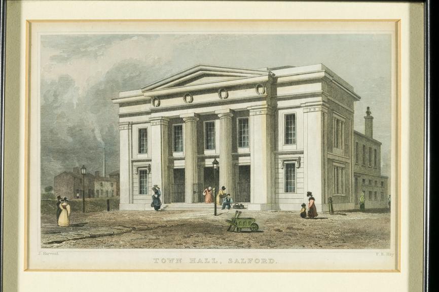 Print of the Salford Town Hall by John Harwood and engraved by