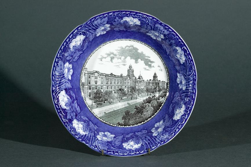 Dish decorated with a view of the Manchester Royal Infirmary