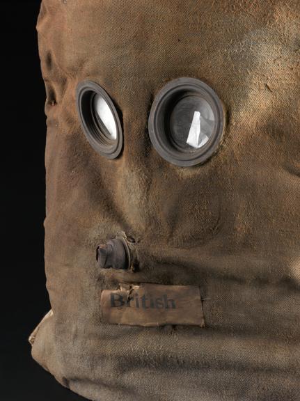 Helmet-type gas mask, cotton with glass eyepieces