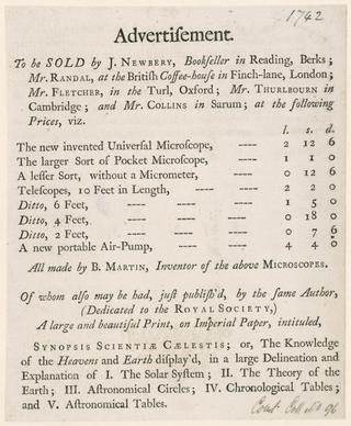 Trade card: B. Martin. 1742.  Price list of microscopes