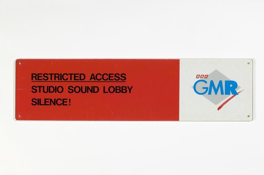 BBC GMR studio sign.
Photographed on a white background.