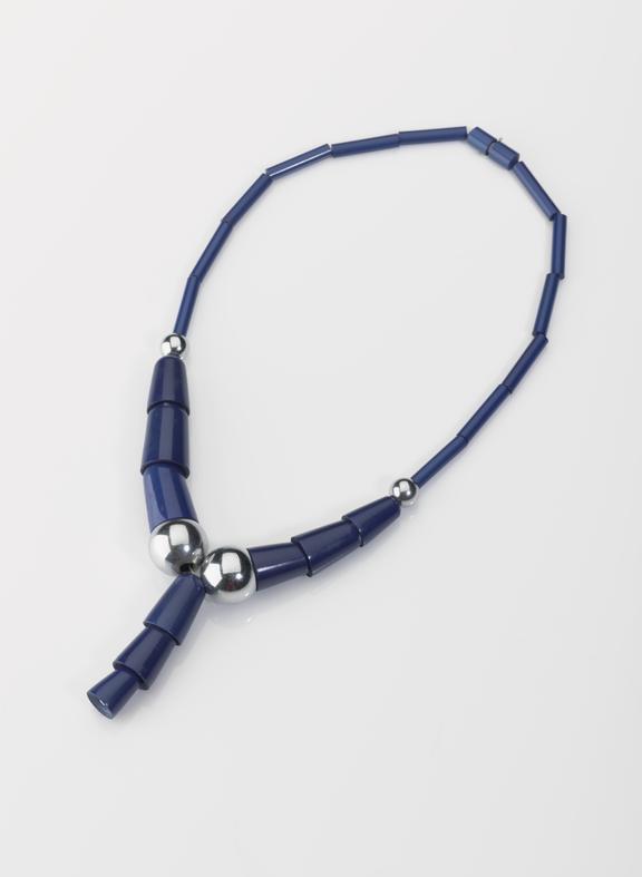 Necklace of blue plastic cylindrical and round-tipped conical