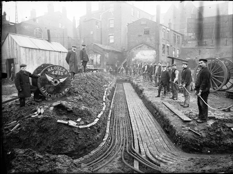 Works photographic negative of cable runs, Stalybridge