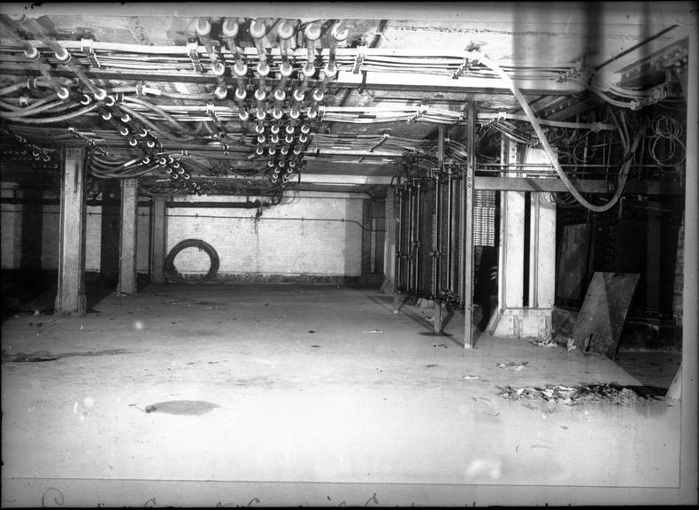 Works photographic negative of cables clipped to ceiling, LCC