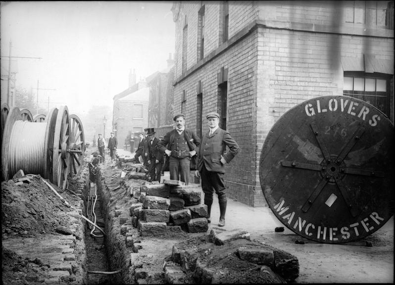 Works photographic negative of cable laying, Leeds and Wakefield