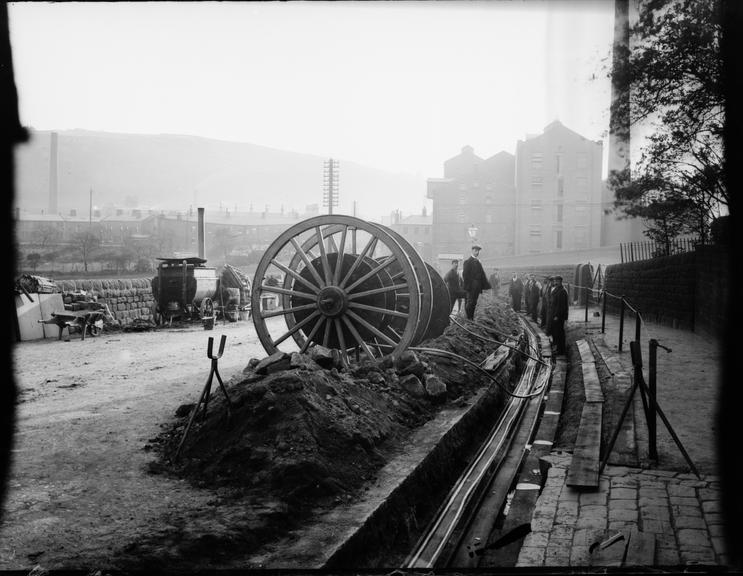 Works photographic negative of cable laying, Todmorden