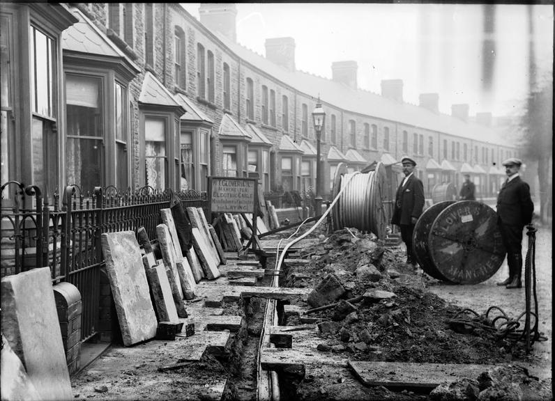 Works photographic negative of cable laying, Ebbw Vale