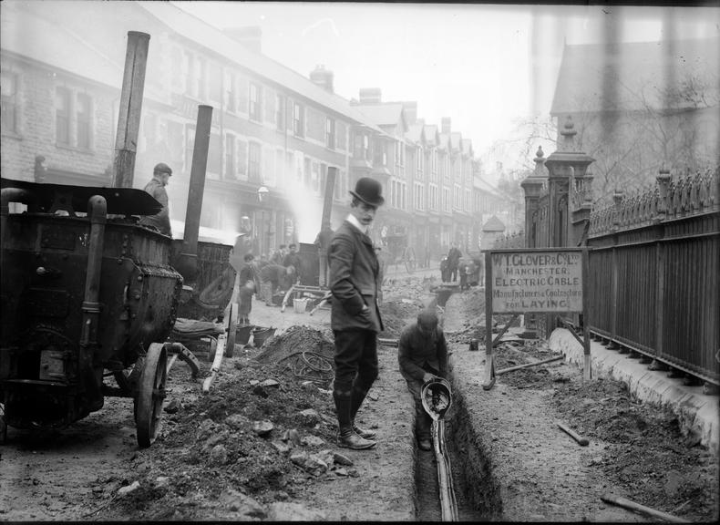 Works photographic negative of cable laying, Ebbw Vale